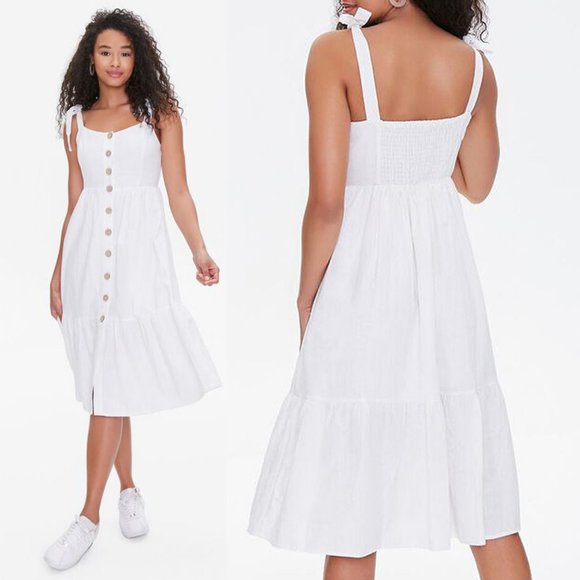 NEW Ivory Linen Blend Tie Straps Button Midi Dress - Picture 8 of 10